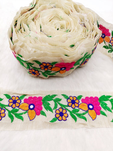 Beige Art Silk Fabric Trim With Pink and Yellow Floral Embroidery, Foil Mirror Embroider Trimming, Trim By The Yard